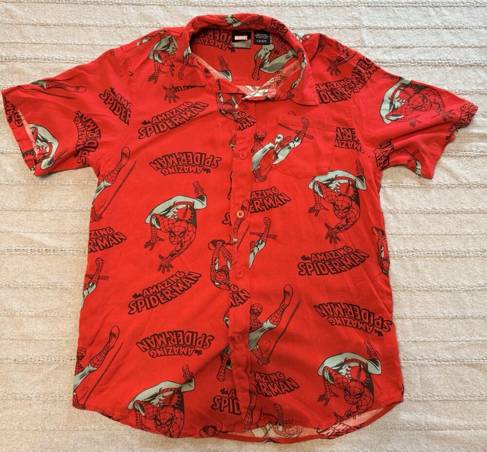 Marvel Spider Man Button Up Shirt Kids Large Red Graphic Short Sleeve Comic